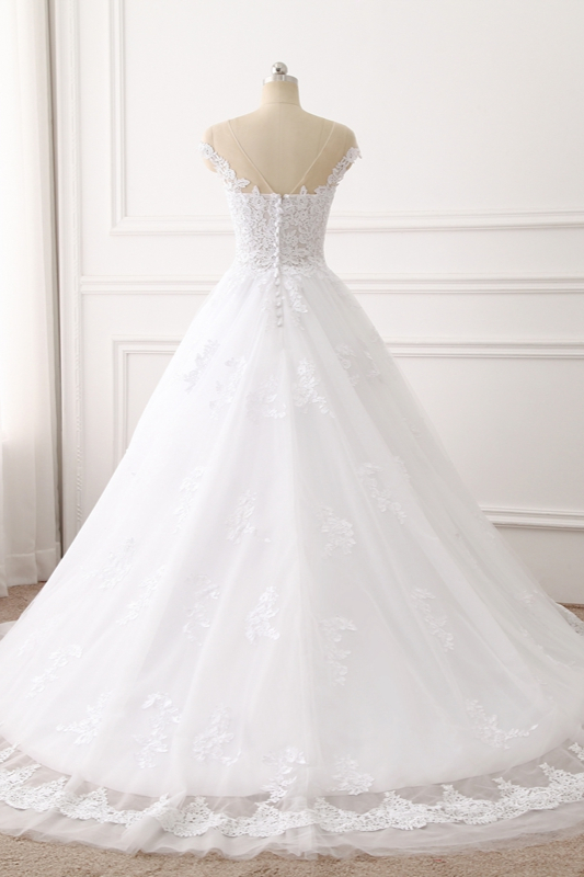 A-line Jewel Neck Sleeveless Floor-length Tulle Wedding Dress With Appliques 2