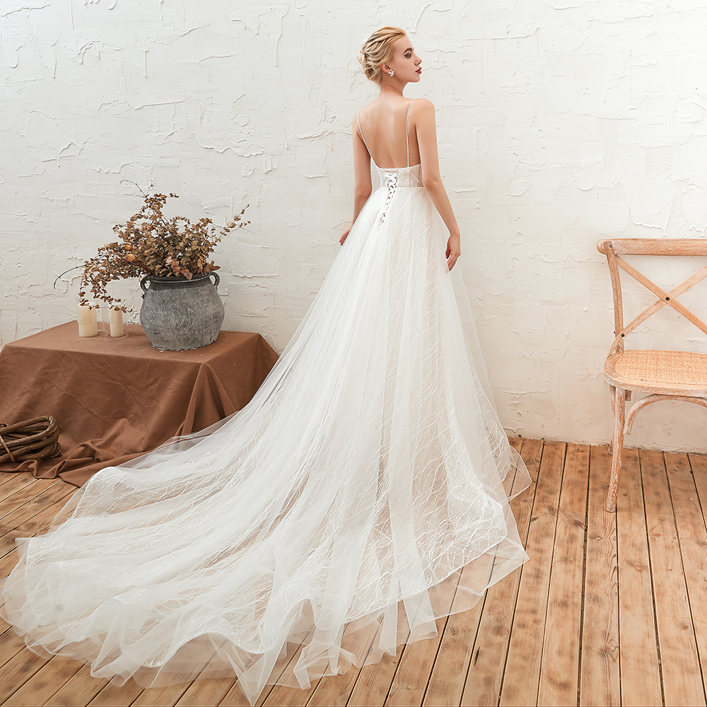 A-line Plunging Neckline Sleeveless Chapel Train Tulle Bridal Gown With Lace 9