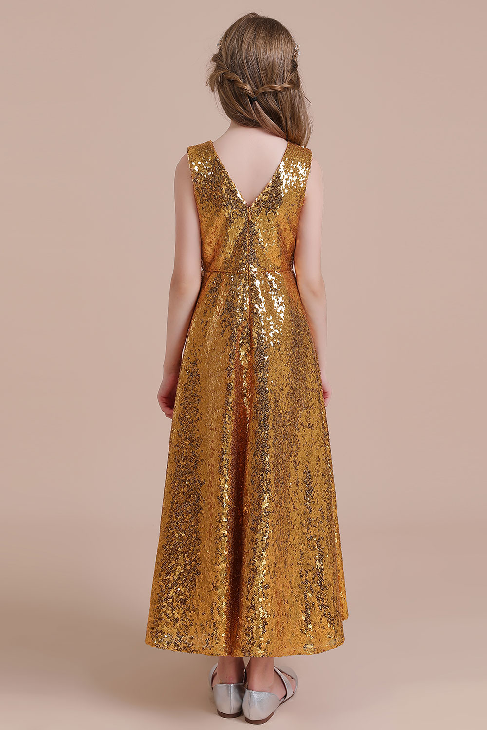 A-line V-neck Sleeveless Ankle-length Flower Girl Dress With Sequins 2