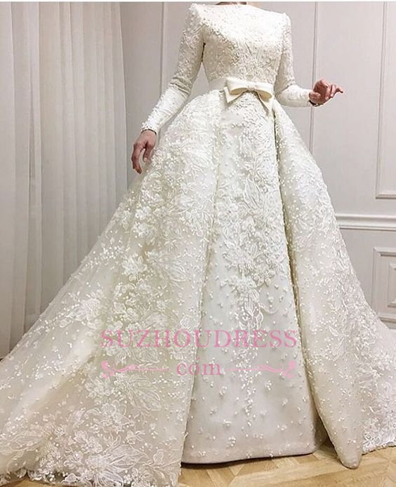 Jewel Ball-Gown Wedding Dress with Beaded Lace-Applique and Long Sleeves 2