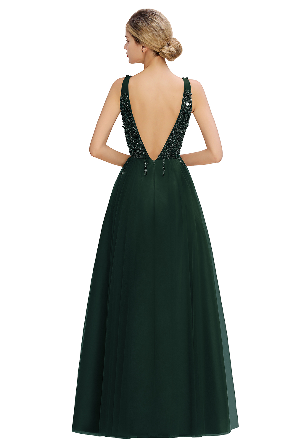 A-line V-neck Sleeveless Floor-length Tulle Evening Gown With Beading 10