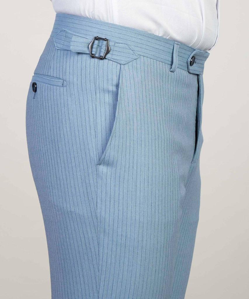 Sky Blue Striped Peaked Lapel Three Pieces Men Business Suit 5