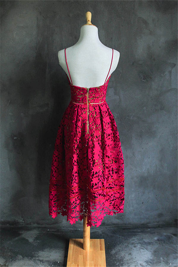 A-line Spaghetti Straps Sleeveless Tea-length Cocktail Party Dress With Lace 2