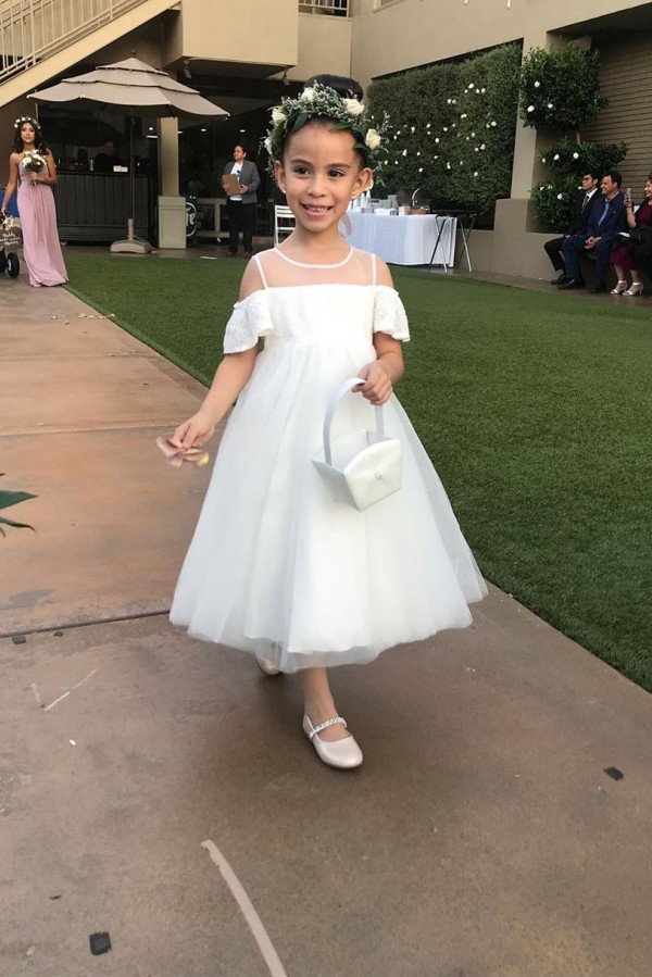 Pretty Cold-Shoulder Tulle Flower Girl Dresses | White Lace Little Girls Pageant Dresses 1