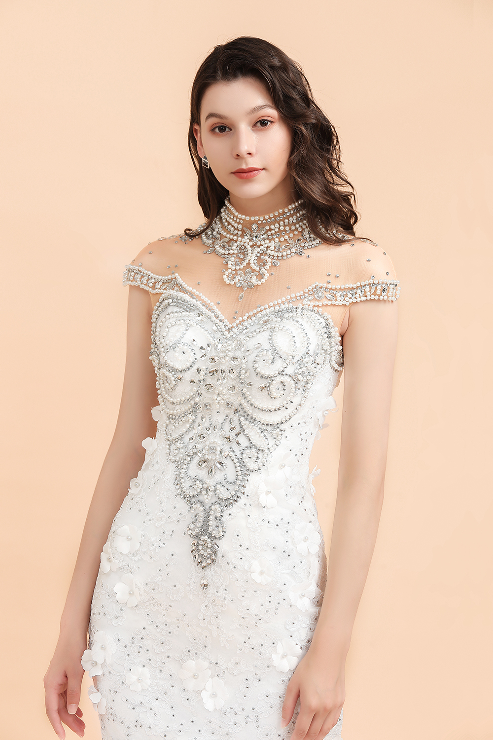 Mermaid High Neck Sleeveless Sweep / Brush Train Tulle Wedding Gown With Crystal 7