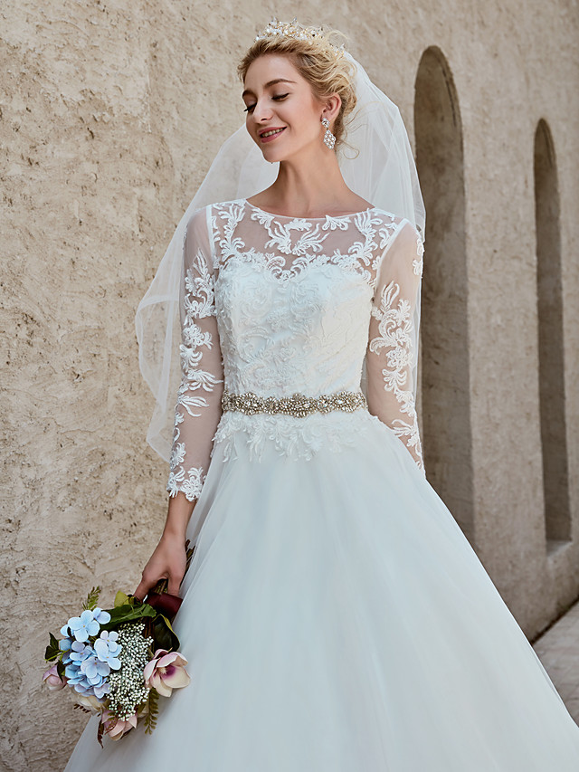 Ball Gown Bateau Neck Long Sleeves Chapel Train Tulle Bridal Gown With Lace 12