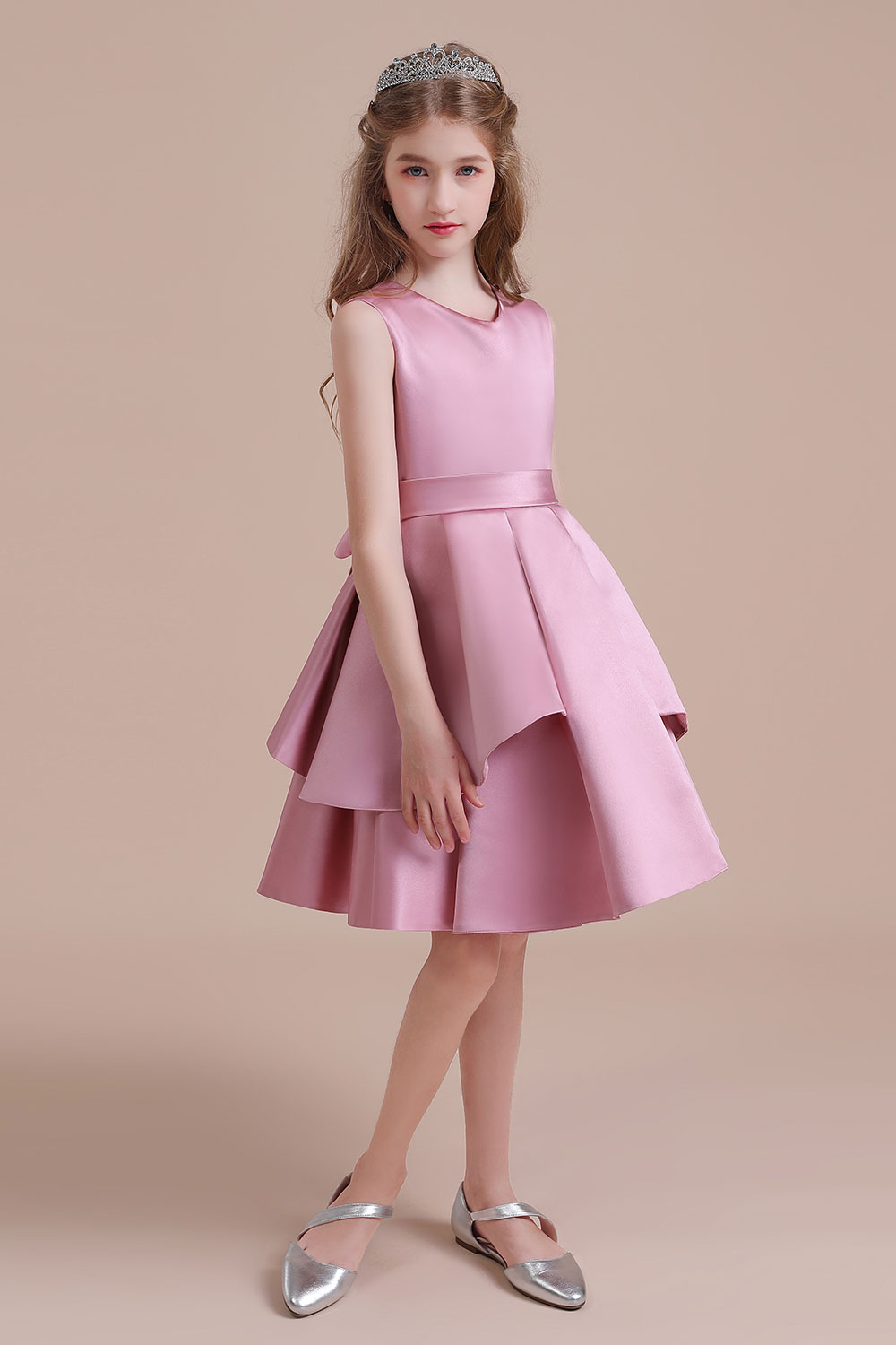 A-line V-neck Sleeveless Knee-length Satin Flower Girl Dress With Ribbons 4