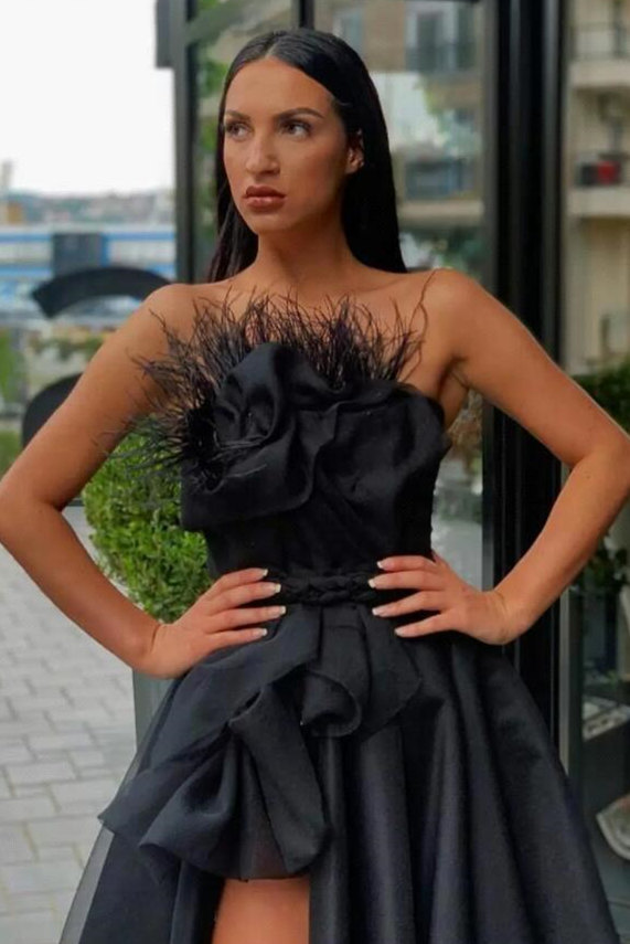 A-line Strapless Sleeveless Floor-length Satin Evening Gown With Split Front 2