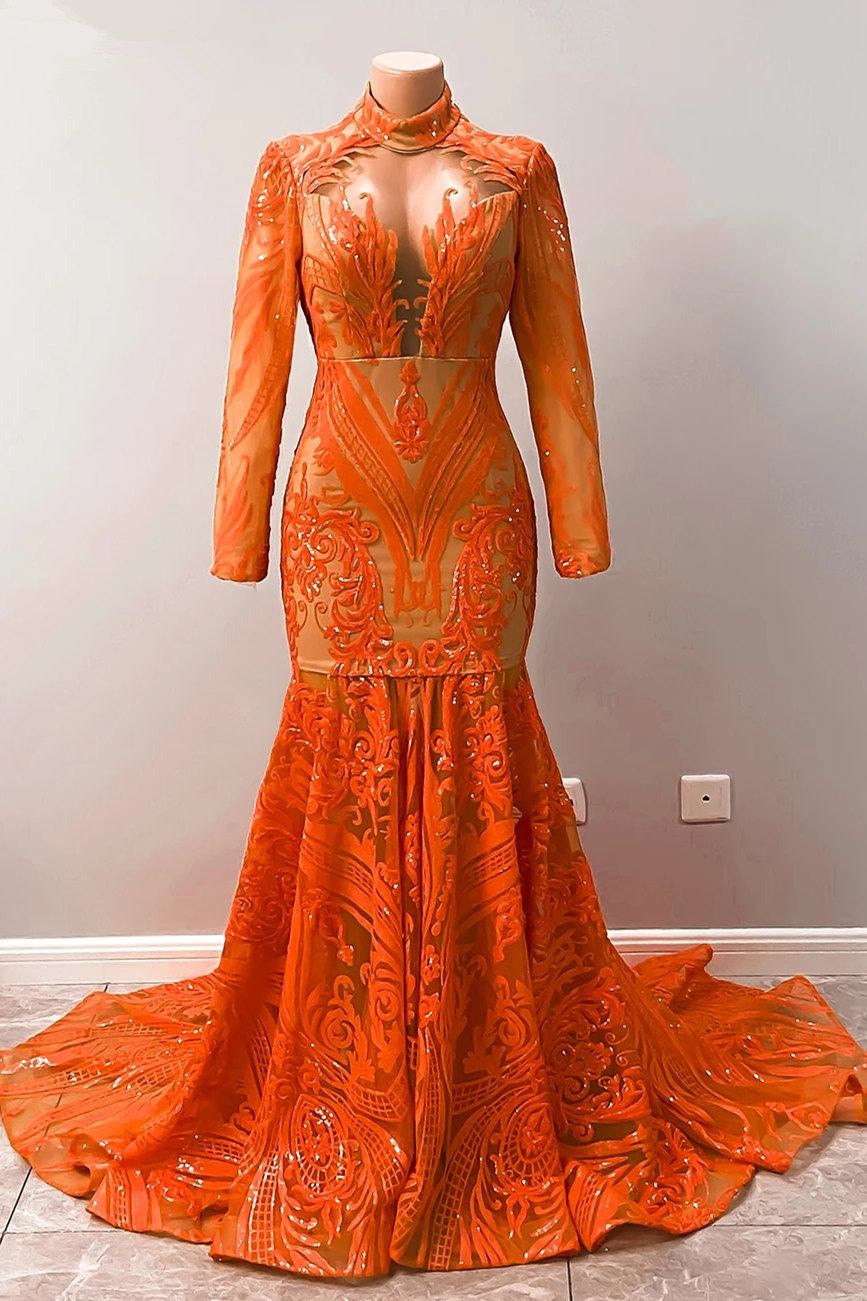 Mermaid V-neck High Neck Long Sleeves Floor-length Organza Evening Dress With Pattern 3
