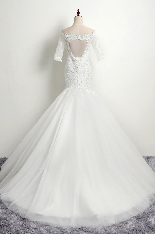 Mermaid Off-the-shoulder Short Sleeves Floor-length Tulle Wedding Dress With Appliques 2