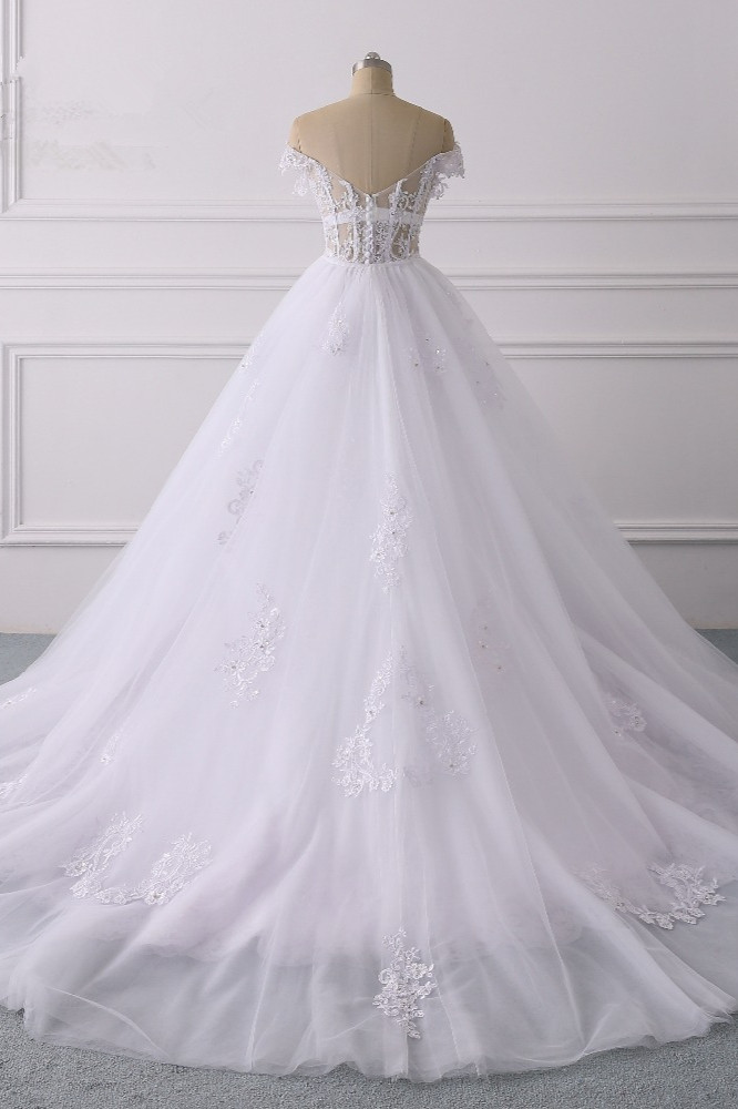 A-line Off-the-shoulder Sweetheart Neck Short Sleeves Floor-length Tulle Wedding Gown With Appliques 2