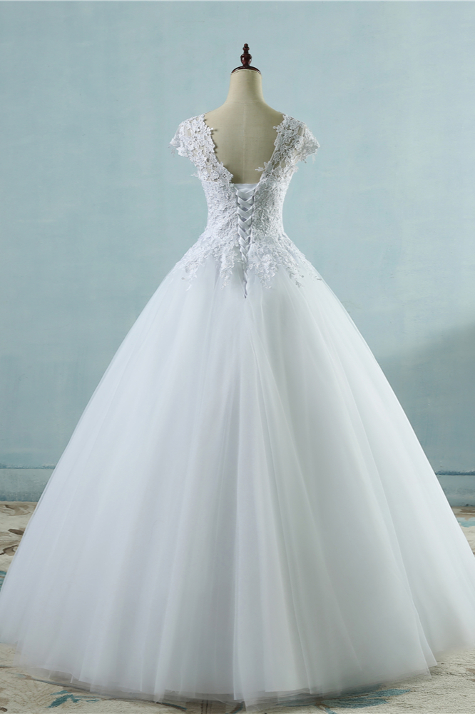 A-line V-neck Short Sleeves Floor-length Tulle Bridal Gown With Appliques 2