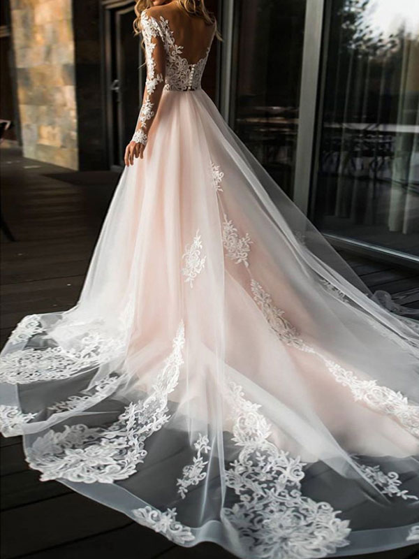 A-line V-neck Long Sleeves Chapel Train Lace Bridal Gown With Lace 2