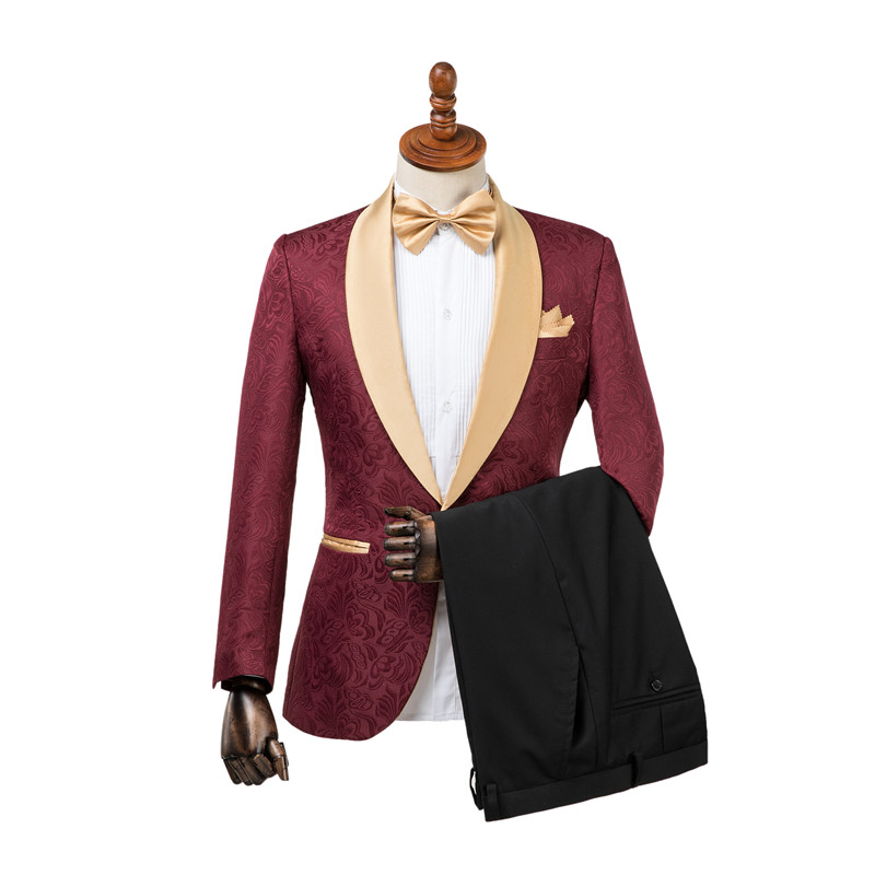 Burgundy Slim Fit Jacquard Wedding Suit 2