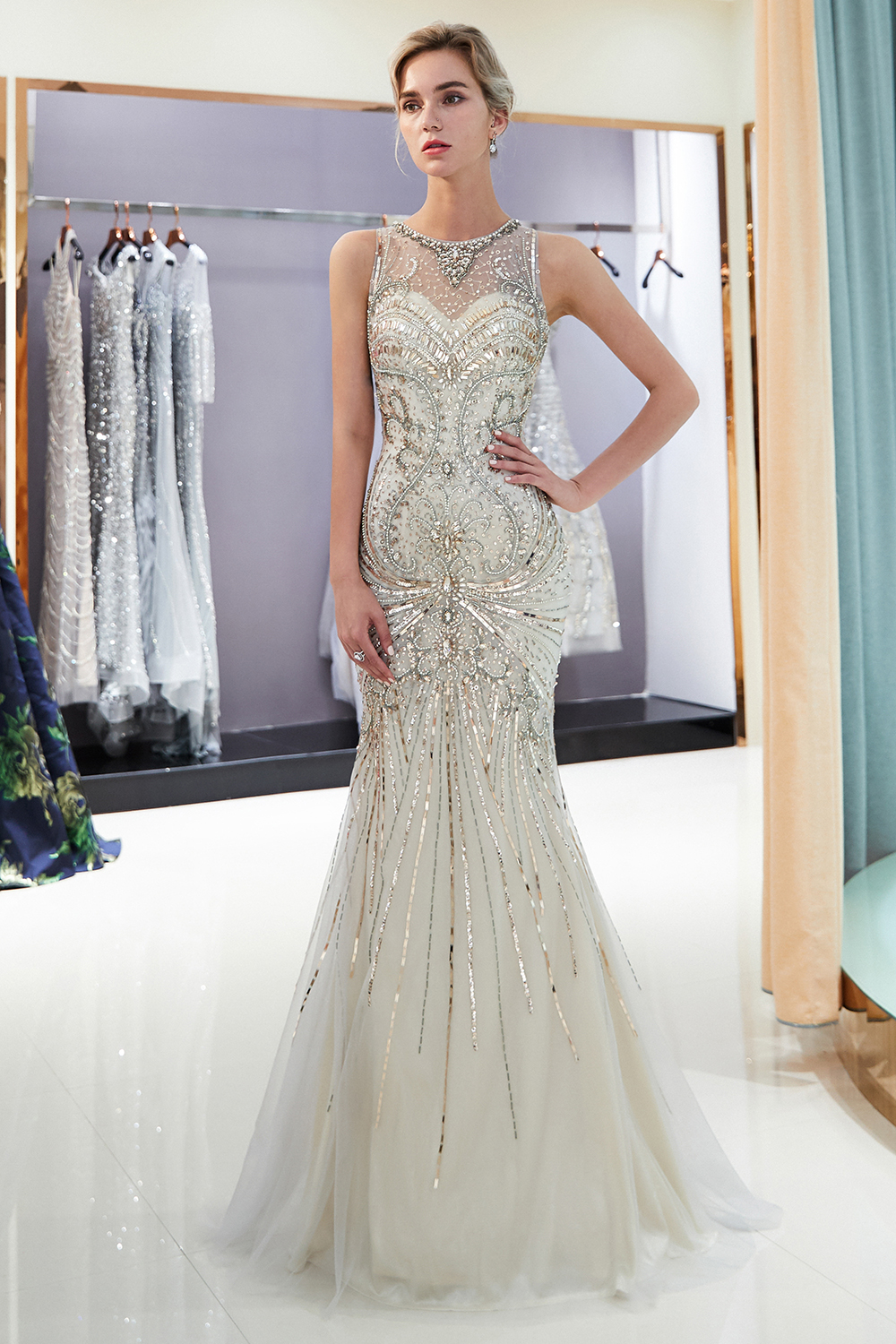 Mermaid Jewel Neck Sleeveless Chapel Train Tulle Evening Dress With Beading 5