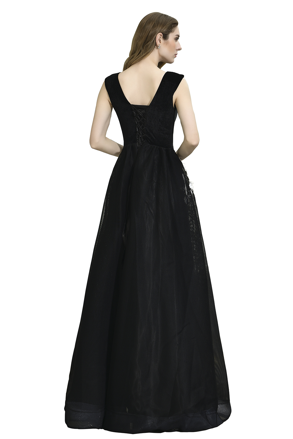 A-line Plunging Neckline Sleeveless Sweep / Brush Train Velvet Evening Dress With Lace 4