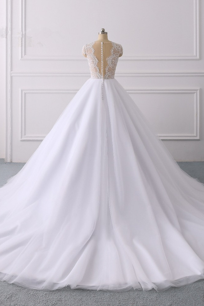 Ball Gown Jewel Neck Short Sleeves Floor-length Tulle Bridal Gown With Appliques 2