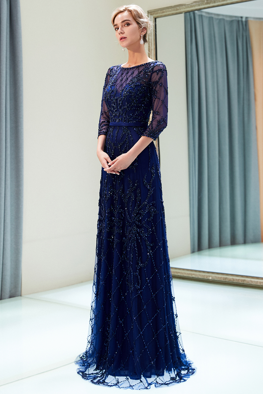 A-line Scoop Neck 3/4-Length Sleeves Sweep / Brush Train Tulle Evening Dress With Crystal 14