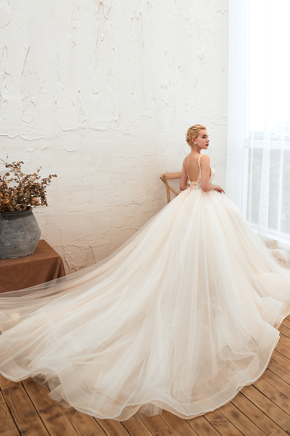 A-line Spaghetti Straps V-neck Sleeveless Cathedral Train Tulle Wedding Dress With Beading 22