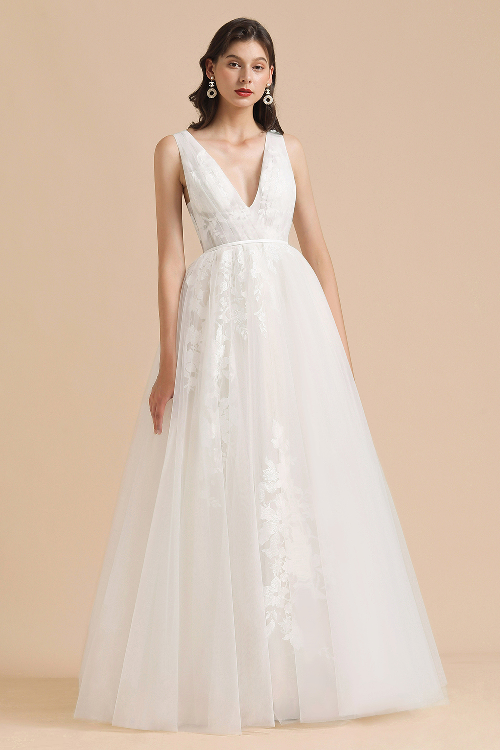 A-line V-neck Sleeveless Floor-length Satin Bridal Dress With Lace 6