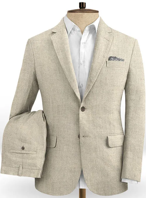 Khaki Linen Two Pieces Men Suits 2