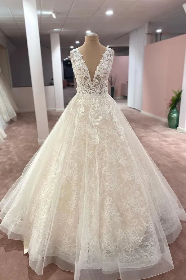 A-line Plunging Neckline Sleeveless Court Train Tulle Bridal Gown With Lace 1