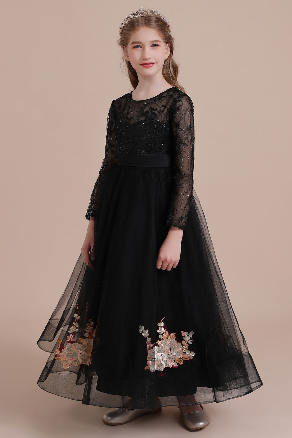 A-line Jewel Neck Long Sleeves Ankle-length Tulle Flower Girl Dress With Appliques 4