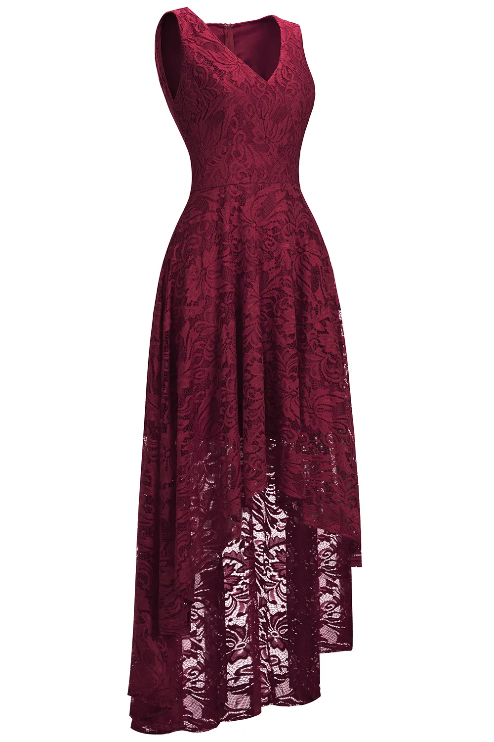 A-line V-neck Sleeveless Hi-Lo Lace Bridesmaid Dress With Ribbons 7