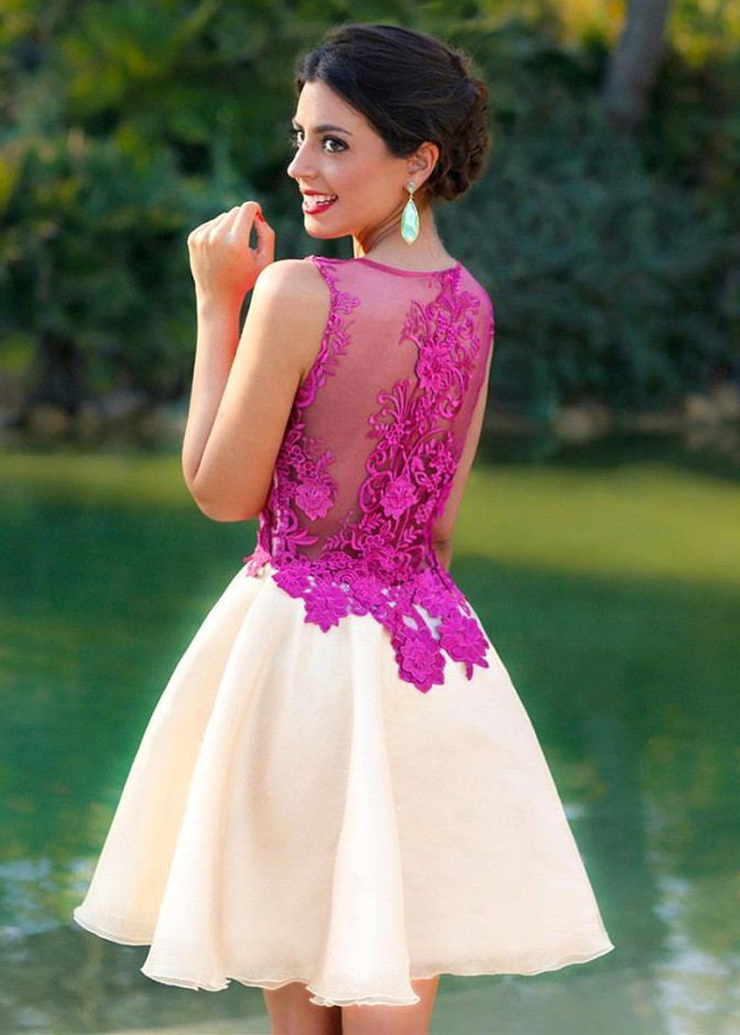 A-line Scoop Neck Sleeveless Mini Cocktail Party Dress With Lace 2