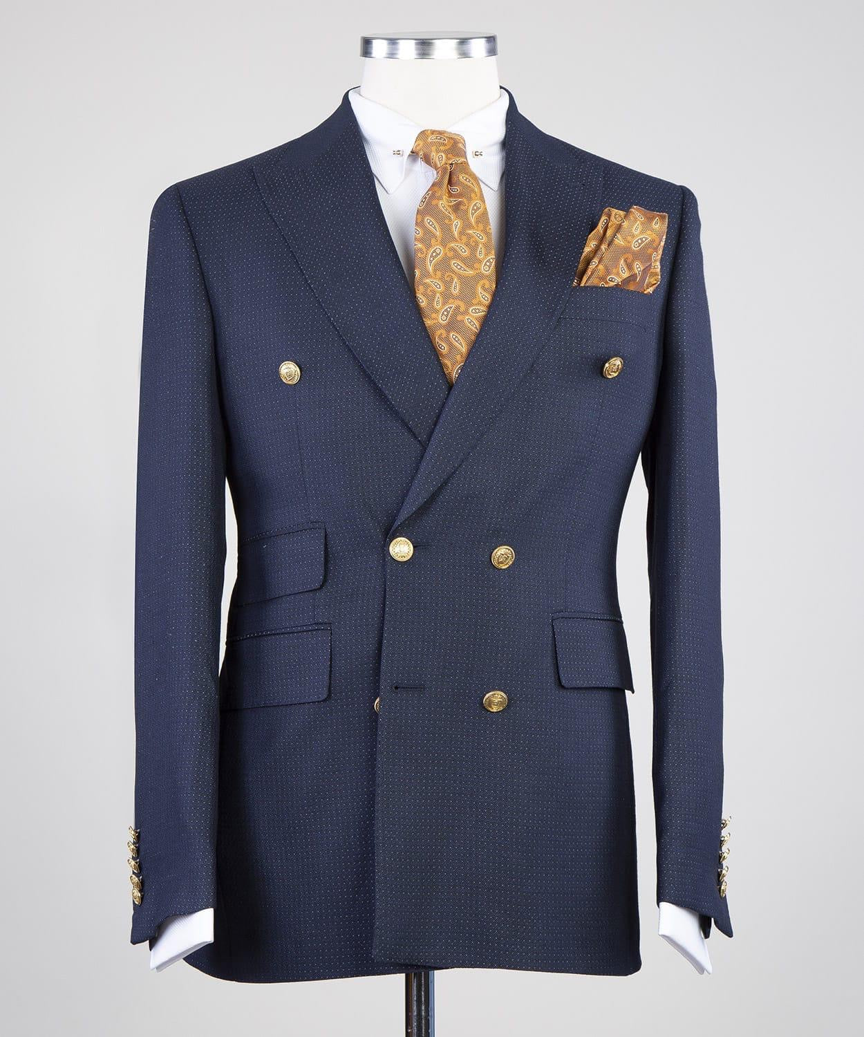 Navy Double Breasted Business Men Suit with Peaked Lapel 3