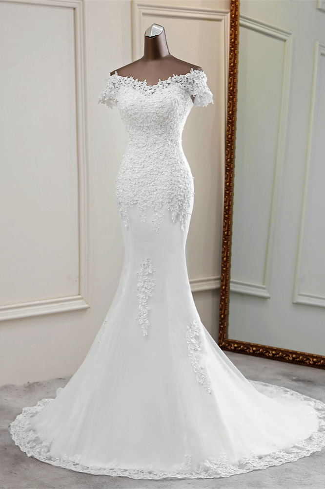 Mermaid Sweetheart Neck Bateau Neck Short Sleeves Floor-length Tulle Wedding Dress With Appliques 3