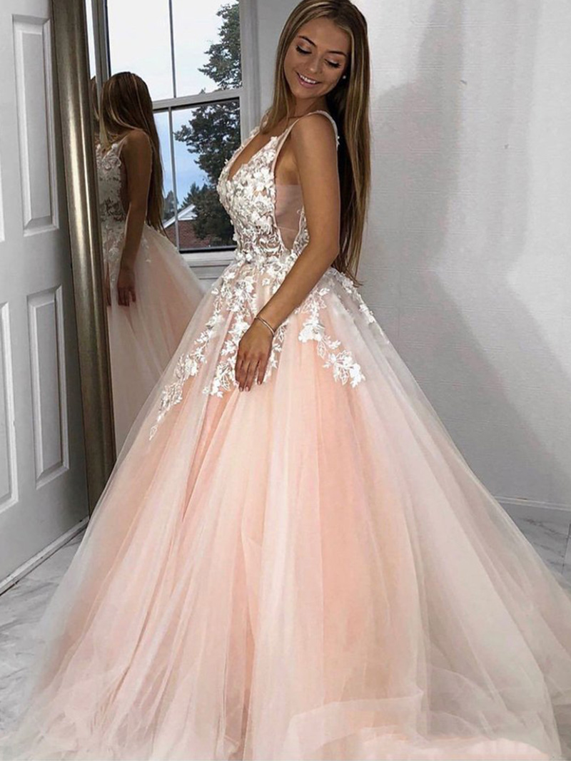 A-line V-neck Sleeveless Floor-length Tulle Evening Dress With Lace 3