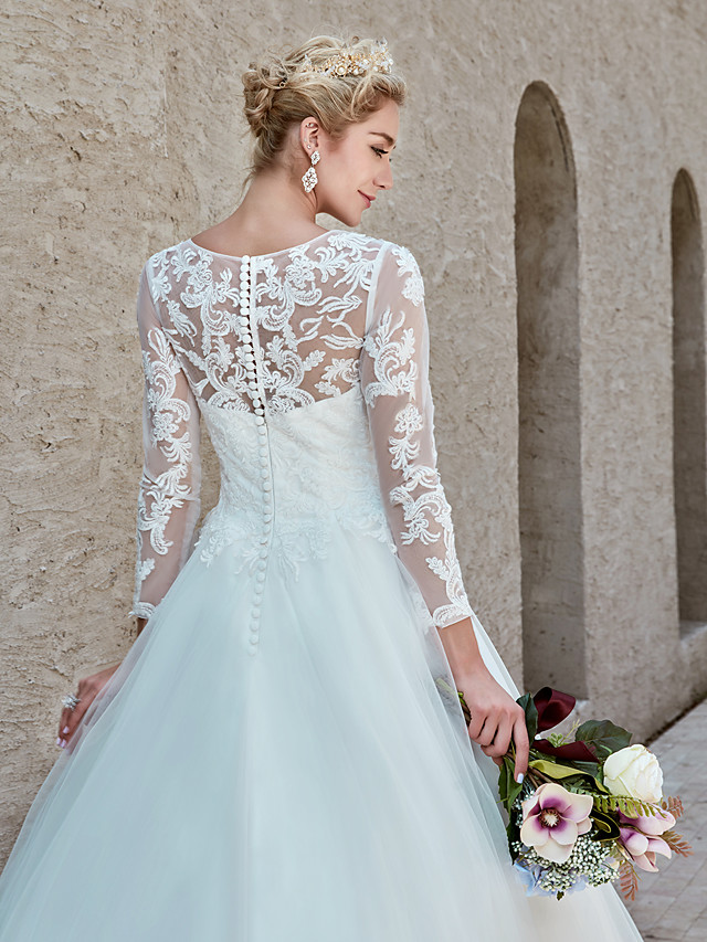 Ball Gown Bateau Neck Long Sleeves Chapel Train Tulle Bridal Gown With Lace 16