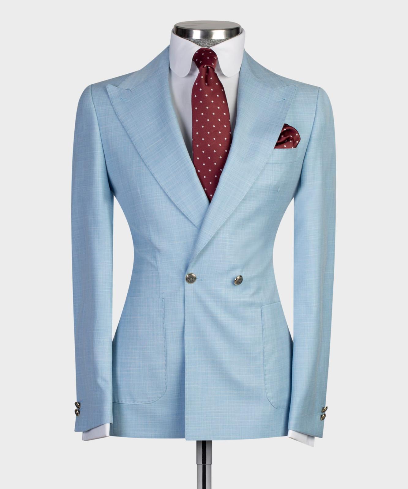 Sky Blue Double Breasted Men Suit with Peaked Lapel 4