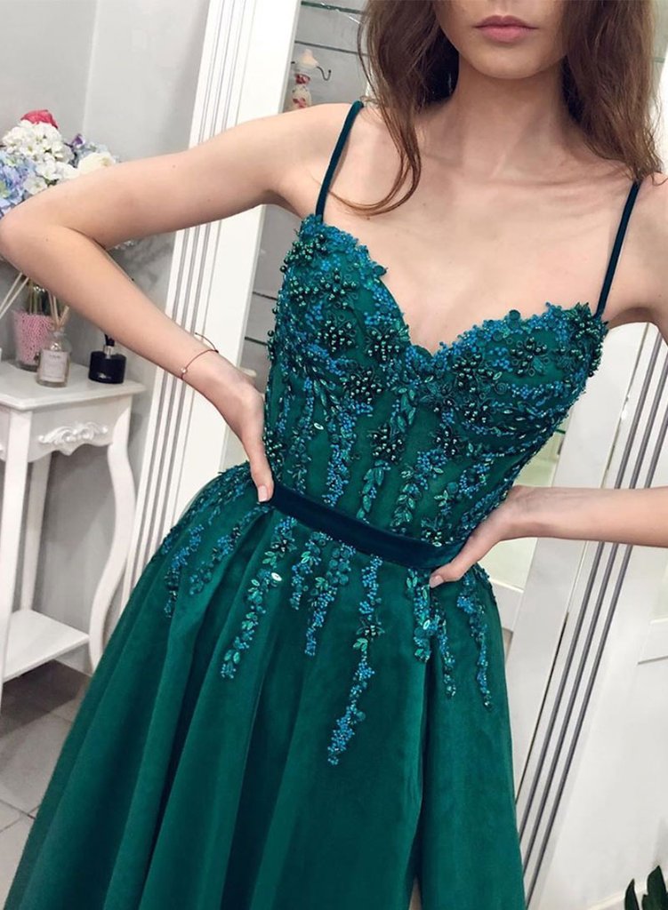 Column Spaghetti Straps Sleeveless Floor-length Tulle Evening Gown With Lace 3