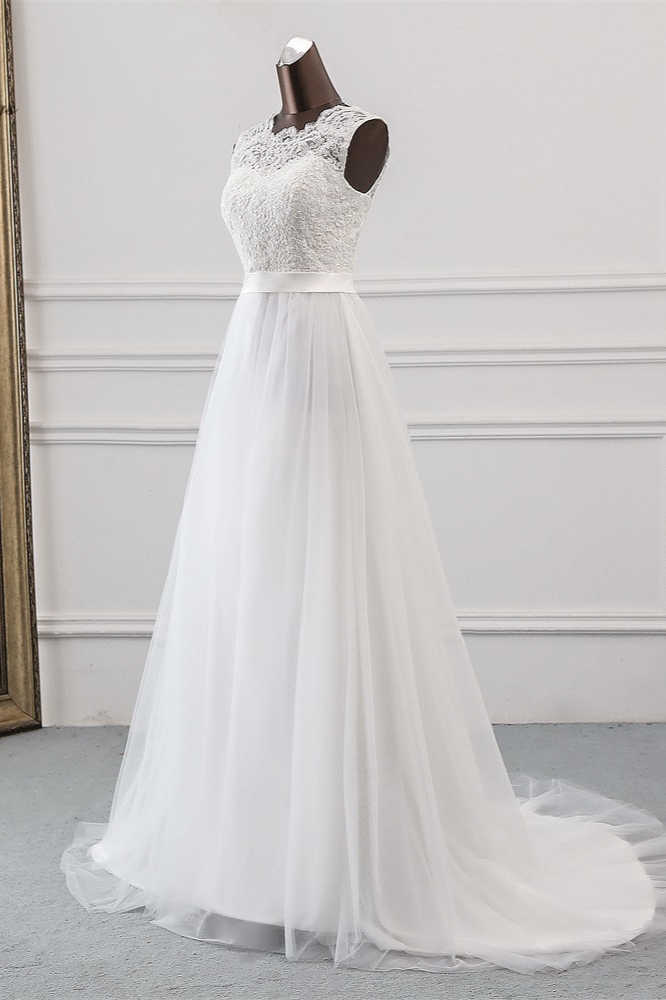 A-line Jewel Neck Sleeveless Floor-length Tulle Wedding Dress With Lace 3