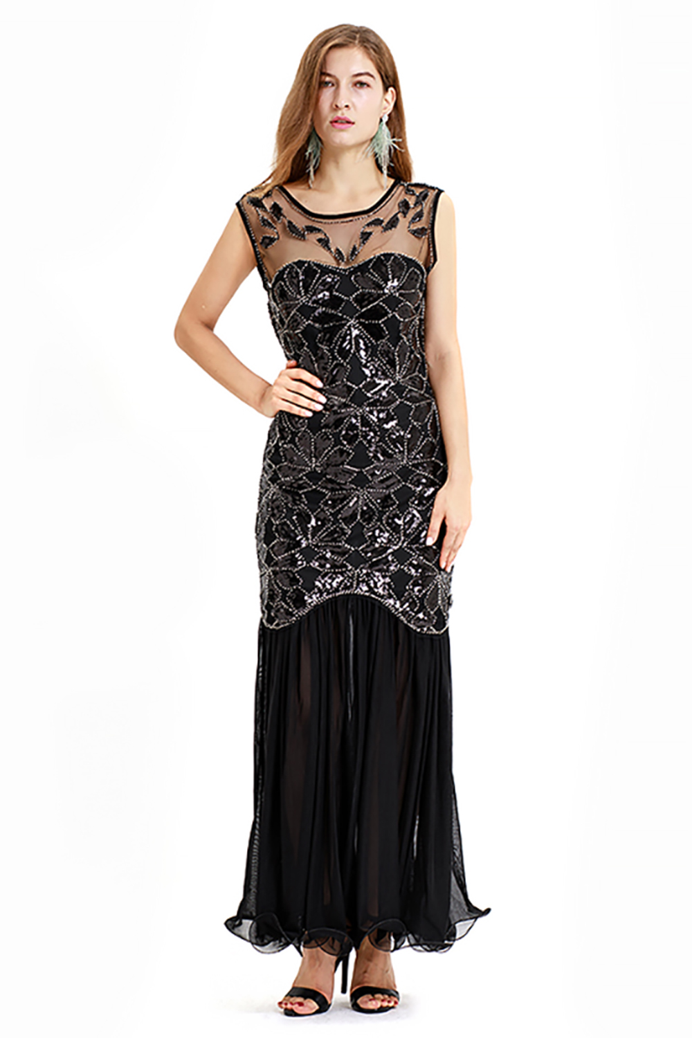 Cap sleeves Long Black Cocktail Dresses | Shining Sequined Dress -  and  Style 4