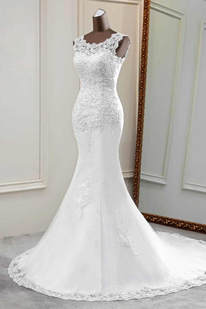 Mermaid Jewel Neck Sleeveless Floor-length Tulle Bridal Gown With Beading 4