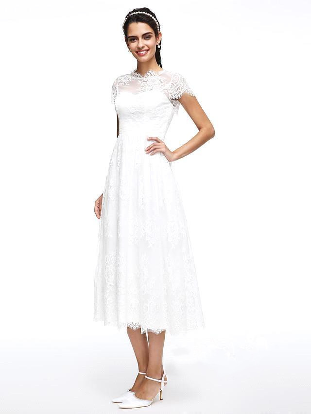A-line Strapless Short Sleeves Tea-length 100D Chiffon Wedding Gown With Lace 5