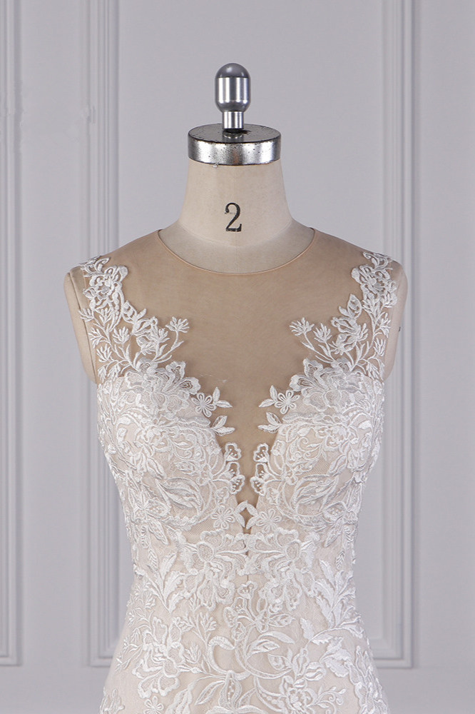 Mermaid Jewel Neck Sleeveless Floor-length Tulle Wedding Dress With Appliques 4