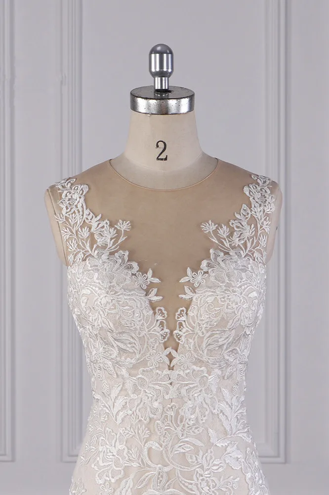Mermaid Jewel Neck Sleeveless Floor-length Tulle Wedding Dress With Appliques 4