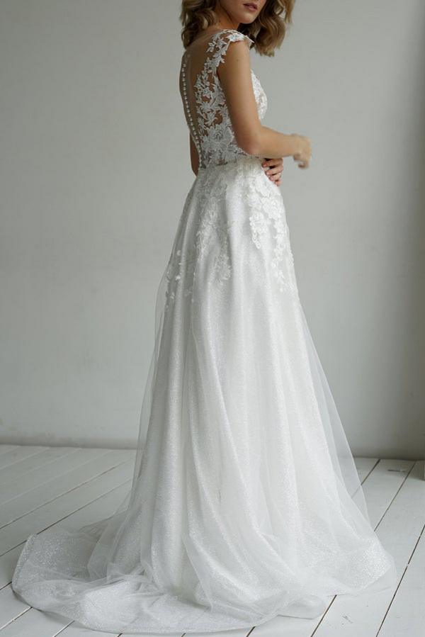 A-line Jewel Neck Sleeveless Chapel Train Lace Bridal Gown With Appliques 2
