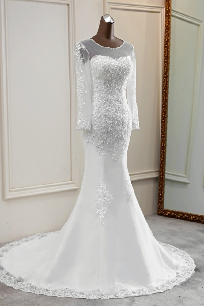Mermaid Jewel Neck Long Sleeves Floor-length Tulle Bridal Dress With Lace 4