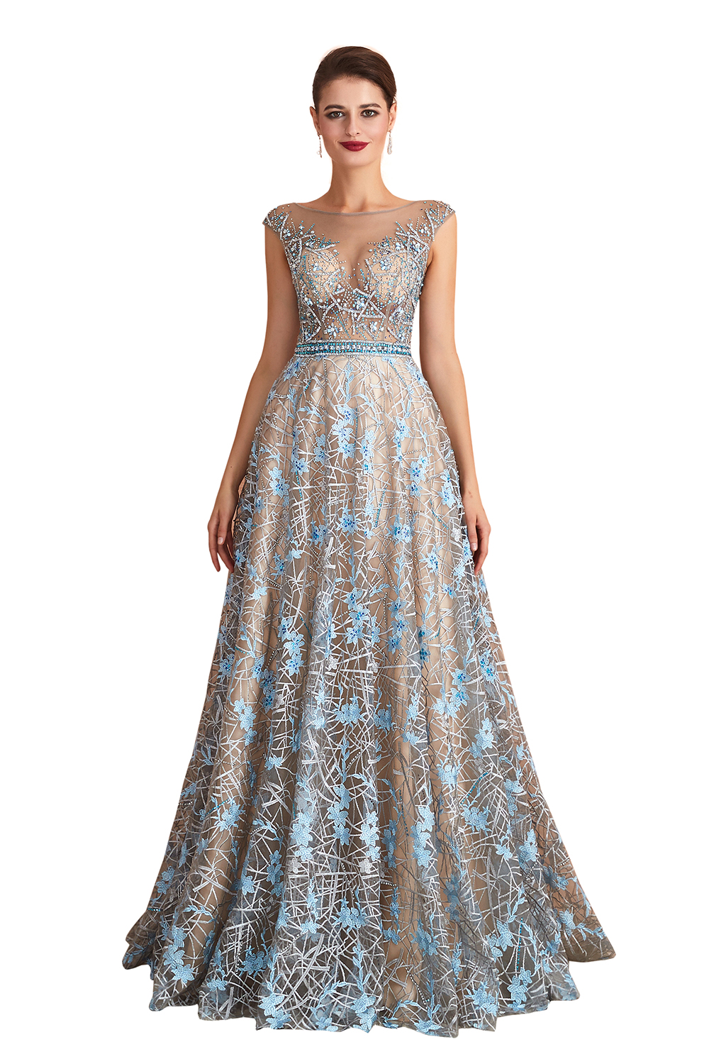 A-line Jewel Neck Sleeveless Sweep / Brush Train Lace Evening Dress With Beading 3