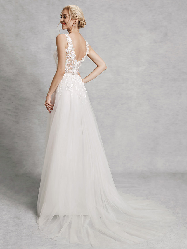 A-line Straps V-neck Court Train Lace Bridal Attire With Lace 2