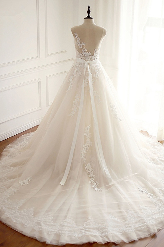 A-line Jewel Neck Sleeveless Floor-length Tulle Bridal Dress With Appliques 2
