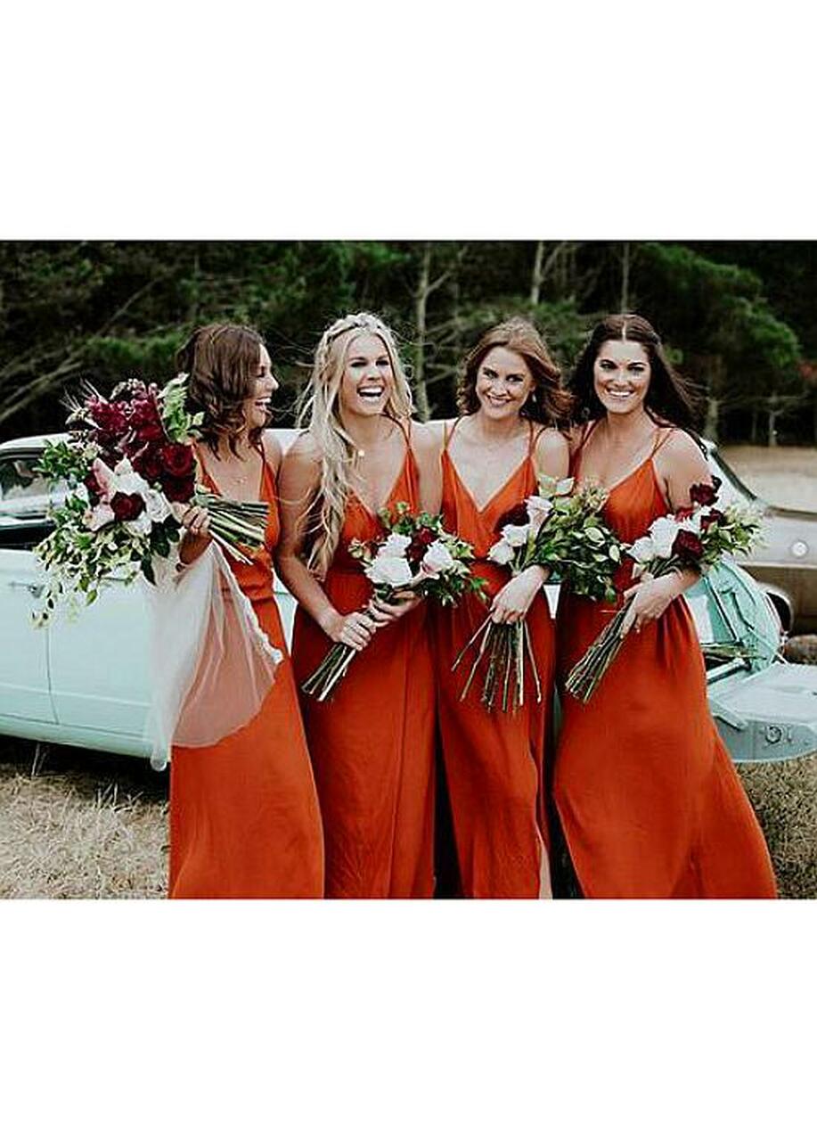 Column Spaghetti Straps Sleeveless Sweep / Brush Train Bridesmaid Gown With Split Front 2