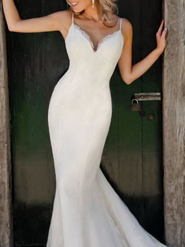 Mermaid V-neck Sleeveless Sweep / Brush Train Tulle Bridal Dress With Lace 3