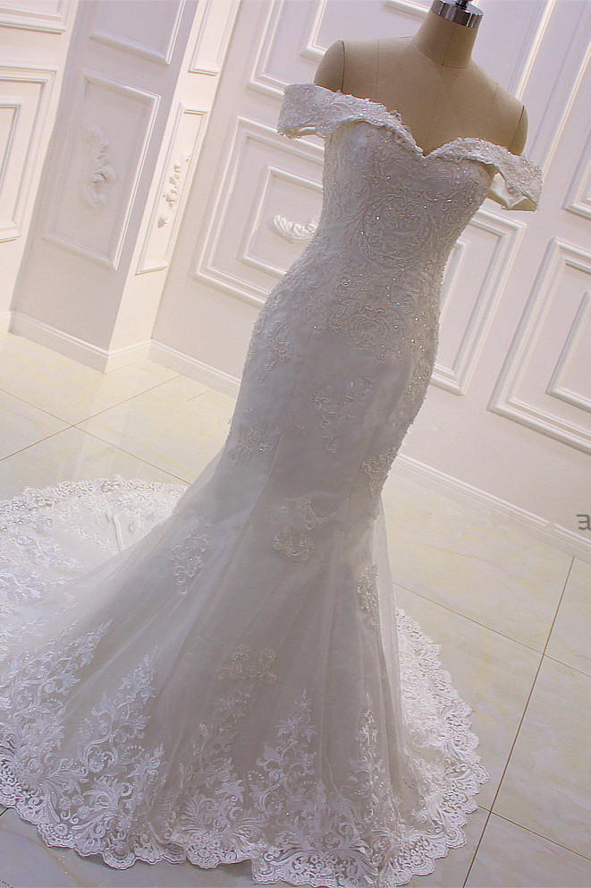 Mermaid Off-the-shoulder Sweetheart Neck Sleeveless Floor-length Tulle Wedding Dress With Lace 4