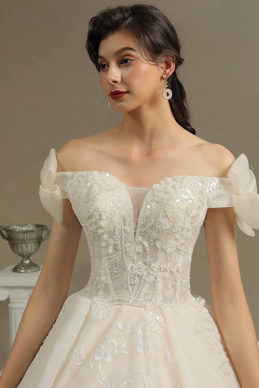 A-line Strapless Cap Sleeves Cathedral Train Tulle Wedding Gown With Lace 7